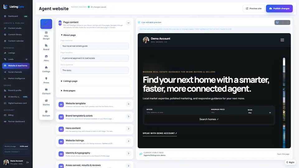 ListingCore agent website builder with live preview