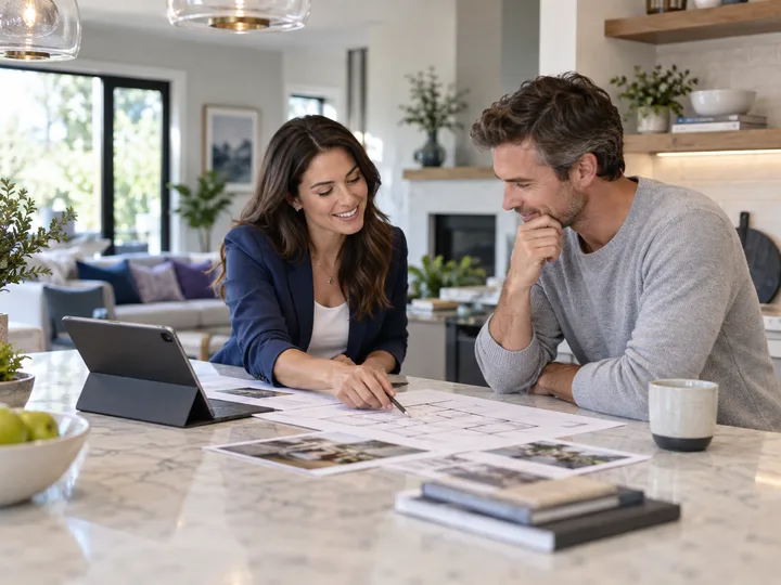 A real estate agent discussing a property plan with a homeowner